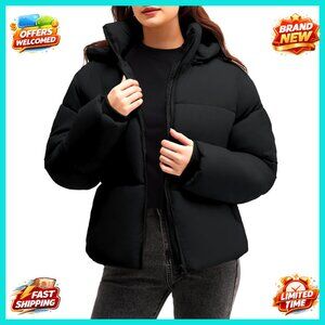 Cropped Puffer Jacket Lightweight Quilted Zip Up Removable Hood Winter Coat